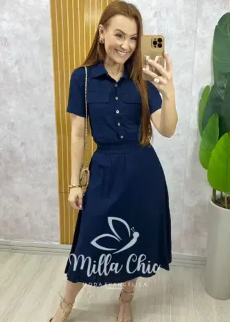 Conjunto Antonela em linho - Azul Marinho - Milla Chic