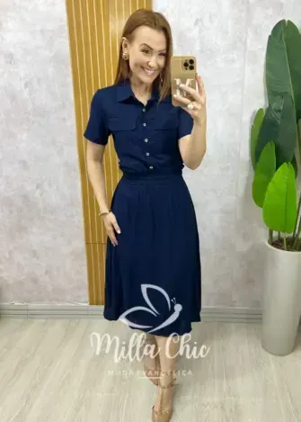 Conjunto Antonela em linho - Azul Marinho - Milla Chic