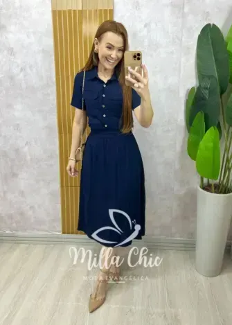 Conjunto Antonela em linho - Azul Marinho - Milla Chic