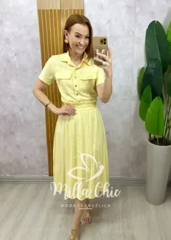 Conjunto Antonela em linho - Amarelo Manteiga - Milla Chic
