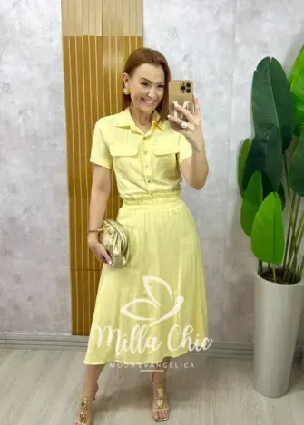 Conjunto Antonela em linho - Amarelo Manteiga - Milla Chic