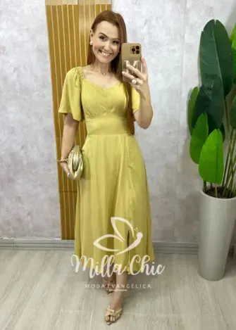 Vestido Pamela Em Viscolinho - amarelo manteiga - Milla Chic