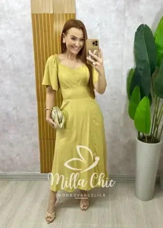Vestido Pamela Em Viscolinho - amarelo manteiga - Milla Chic