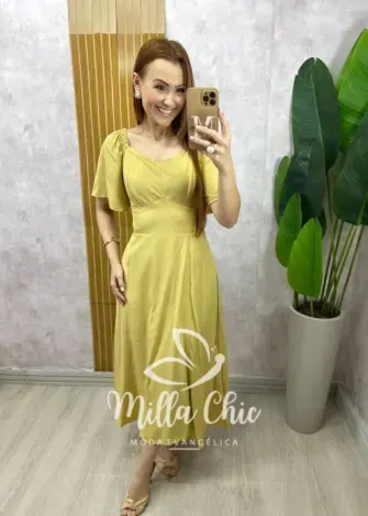 Vestido Pamela Em Viscolinho - amarelo manteiga - Milla Chic