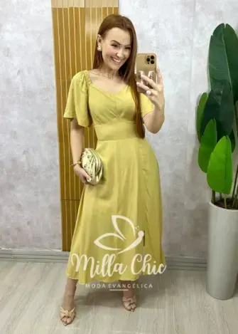 Vestido Pamela Em Viscolinho - amarelo manteiga - Milla Chic