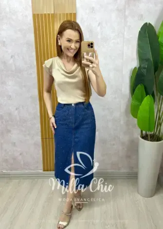 Saia Jeans karina com aplicação - Milla Chic