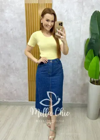 Saia Jeans karina com aplicação - Milla Chic