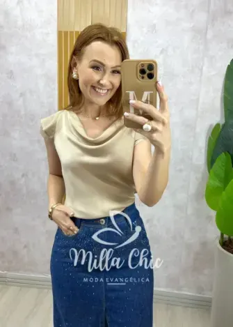 Blusa Amália em cetim Champagne - Milla Chic