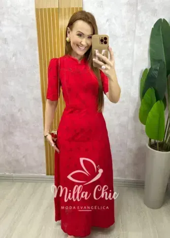 Vestido Longo Pietra em Lesie bordada - Vermelho Cereja - Milla Chic