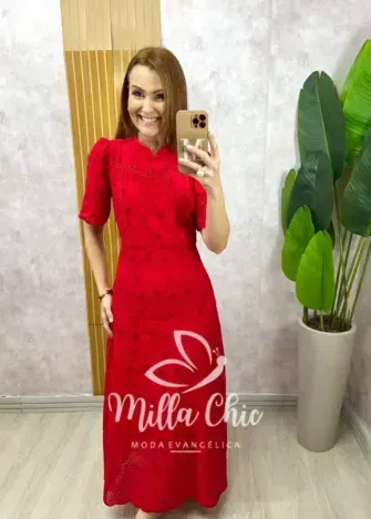 Vestido Longo Pietra em Lesie bordada - Vermelho Cereja - Milla Chic