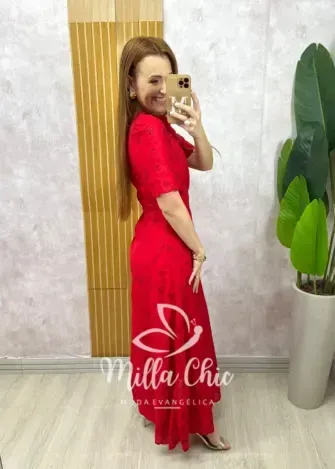 Vestido Longo Pietra em Lesie bordada - Vermelho Cereja - Milla Chic