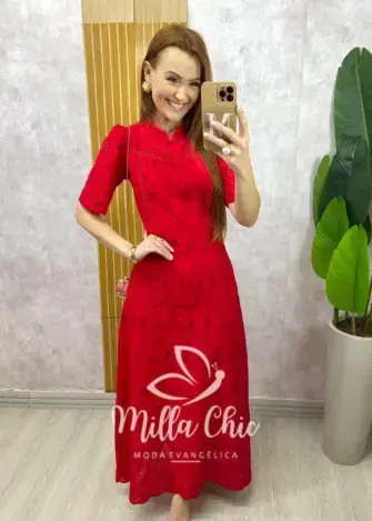 Vestido Longo Pietra em Lesie bordada - Vermelho Cereja - Milla Chic