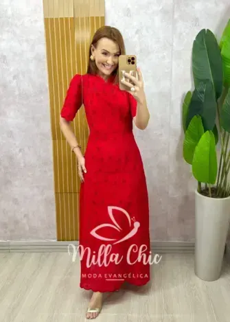 Vestido Longo Pietra em Lesie bordada - Vermelho Cereja - Milla Chic