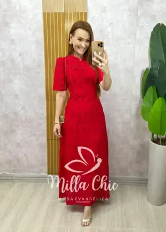 Vestido Longo Pietra em Lesie bordada - Vermelho Cereja - Milla Chic