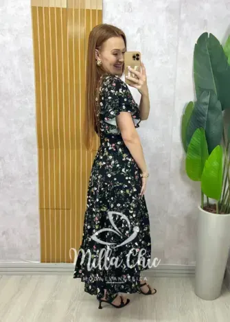 Vestido Belinda em viscolinho - Preto  estampado - Milla Chic