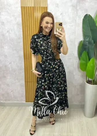 Vestido Belinda em viscolinho – Preto estampado – Milla Chic Vestido Belinda em viscolinho - Preto estampado - Milla Chic