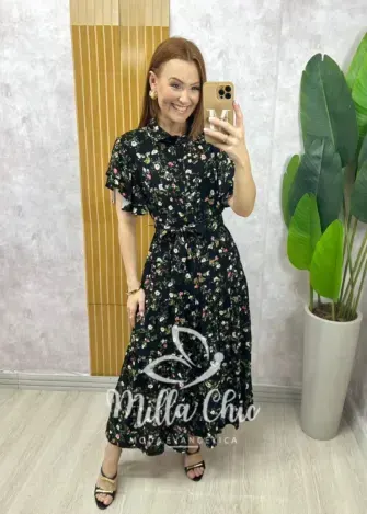 Vestido Belinda em viscolinho - Preto  estampado - Milla Chic