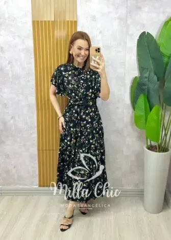 Vestido Belinda em viscolinho - Preto  estampado - Milla Chic