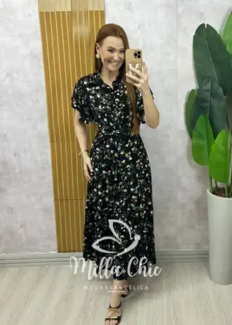 Vestido Belinda em viscolinho - Preto  estampado - Milla Chic