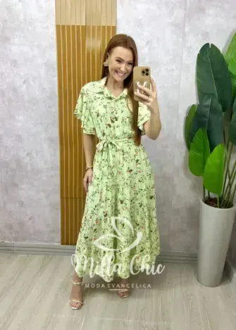 Vestido Belinda em viscolinho menta estampado - Milla Chic