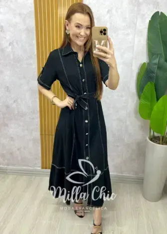 Vestido Lavínia em Linho - Preto - Milla Chic