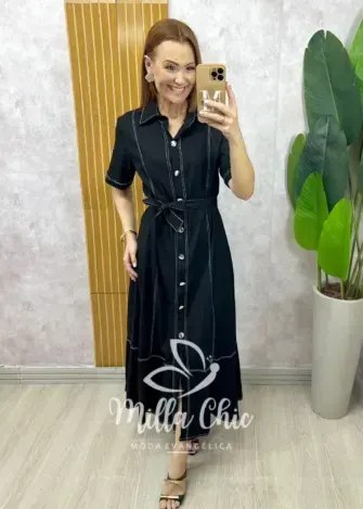Vestido Lavínia em Linho - Preto - Milla Chic