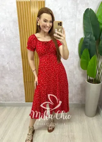 Vestido Judite em viscolinho vermelho estampa liberty - Milla Chic