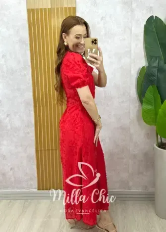 Vestido Joyce  em Lesie algodão vermelho tomate - Milla Chic