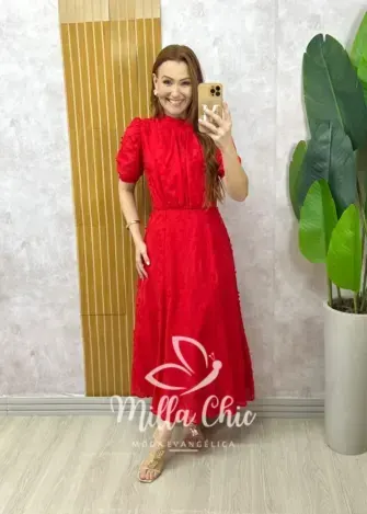 Vestido Joyce  em Lesie algodão vermelho tomate - Milla Chic