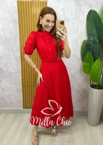 Vestido Joyce  em Lesie algodão vermelho tomate - Milla Chic