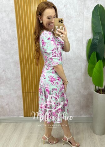 Vestido Cássia em linho menta - estampado - Milla Chic