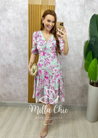 Vestido Cássia em linho menta - estampado - Milla Chic