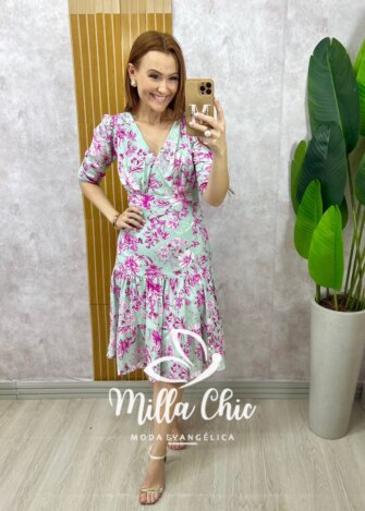 Vestido Cássia em linho menta - estampado - Milla Chic