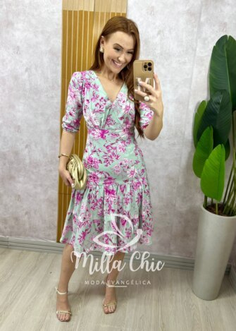 Vestido Cássia em linho menta - estampado - Milla Chic