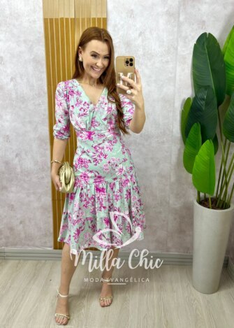 Vestido Cássia em linho menta - estampado - Milla Chic