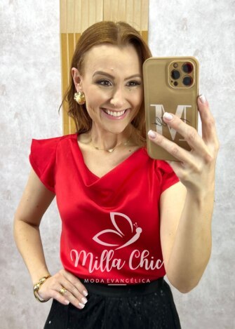 Blusa Amália em cetim vermelho tomate - Milla Chic