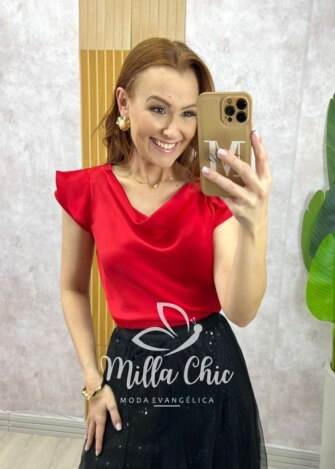 Blusa Amália em cetim vermelho tomate - Milla Chic