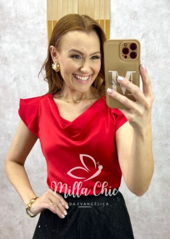 Blusa Amália em cetim vermelho tomate - Milla Chic