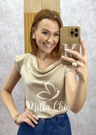 Blusa Amália em cetim Champagne - Milla Chic