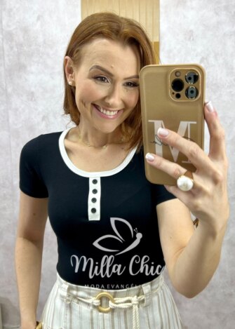 Blusa Marjorie Polo Em Viscolycra -Preto - Milla Chic