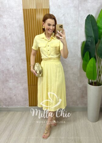 Conjunto Antonela em linho - Amarelo Manteiga - Milla Chic