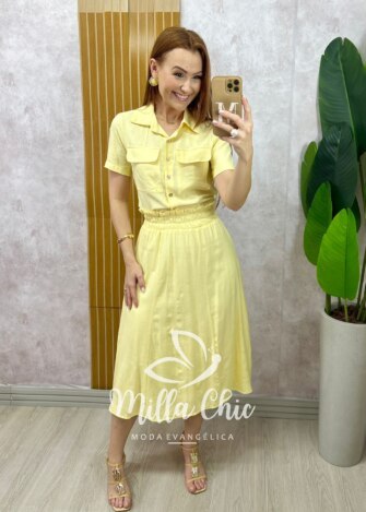 Conjunto Antonela em linho - Amarelo Manteiga - Milla Chic