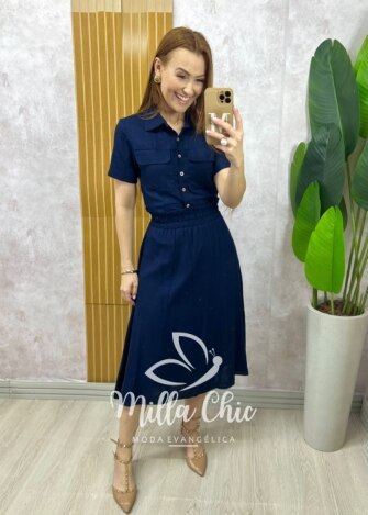 Conjunto Antonela em linho - Azul Marinho - Milla Chic