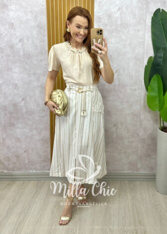 Saia Lisa Em Linho - Areia - Milla Chic