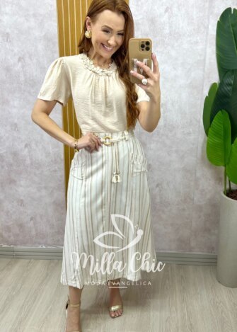 Saia Lisa Em Linho - Areia - Milla Chic