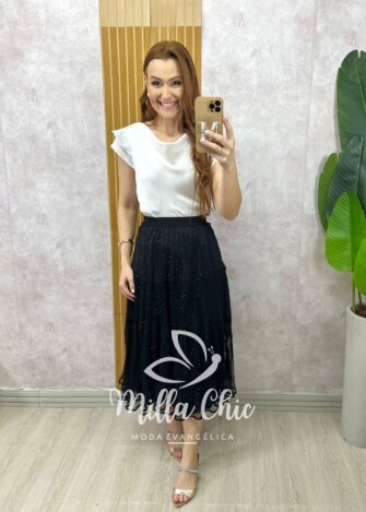Saia Geysi em tule com aplicação - Milla Chic