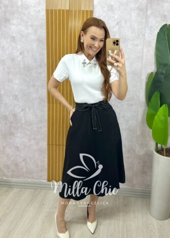 Saia Minerva em alfaiataria - Preto - Milla Chic