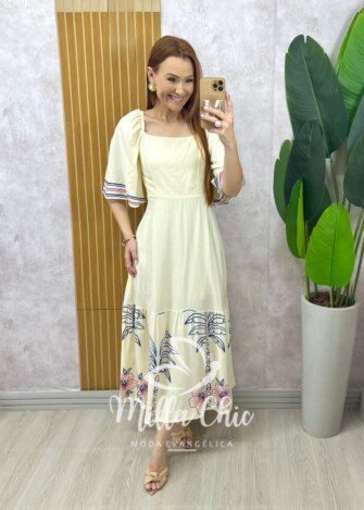 Vestido Agatha Em Viscosarja Tropical - Off White - Milla Chic