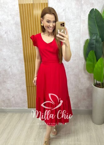 Vestido Alicia em viscosarja vermelho cereja - Milla Chic