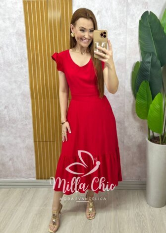 Vestido Alicia em viscosarja vermelho cereja - Milla Chic